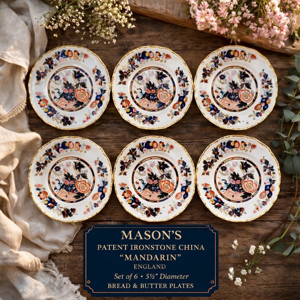 Masons Ironstone Mandarin Plates Set 6 England Scalloped Gold Imari Floral‎ VTG